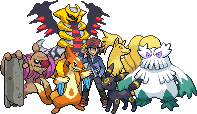 gen 5 sprite of the black/white male protagonist alongside a floatzel, conkeldurr, giratina, abomasnow, ninetales, and umbreon